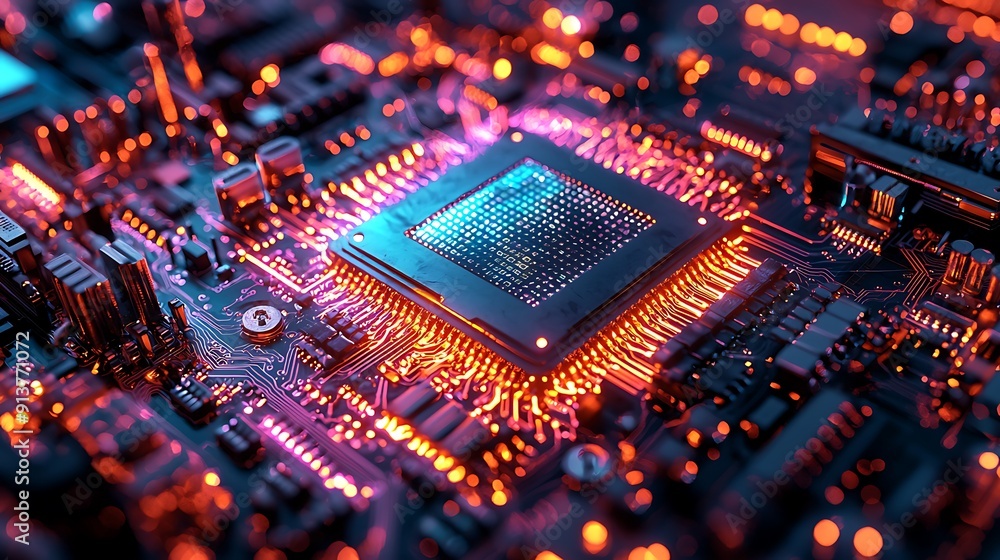 Poster intricate network of green circuitry and microchips on a high-tech computer motherboard