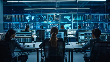 Cybersecurity Team Monitoring Network Traffic in a Modern Command Center with Real-Time Data Screens
