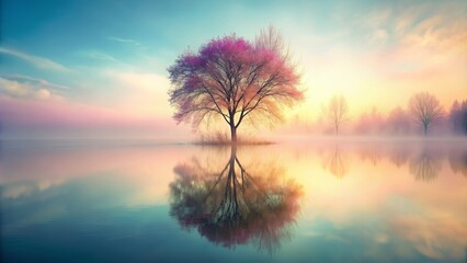 Fototapeta premium Fantasy tree with pastel colors reflecting in a lake with fog , fantasy, tree, pastel colors