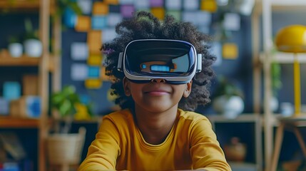 A young girl is an elementary school student participating in lesson using virtual reality headsets.