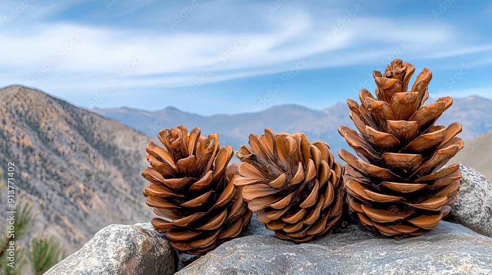 Poster close-up of pine cones on rocky terrain in a remote area, with expansive views of rugged topography 