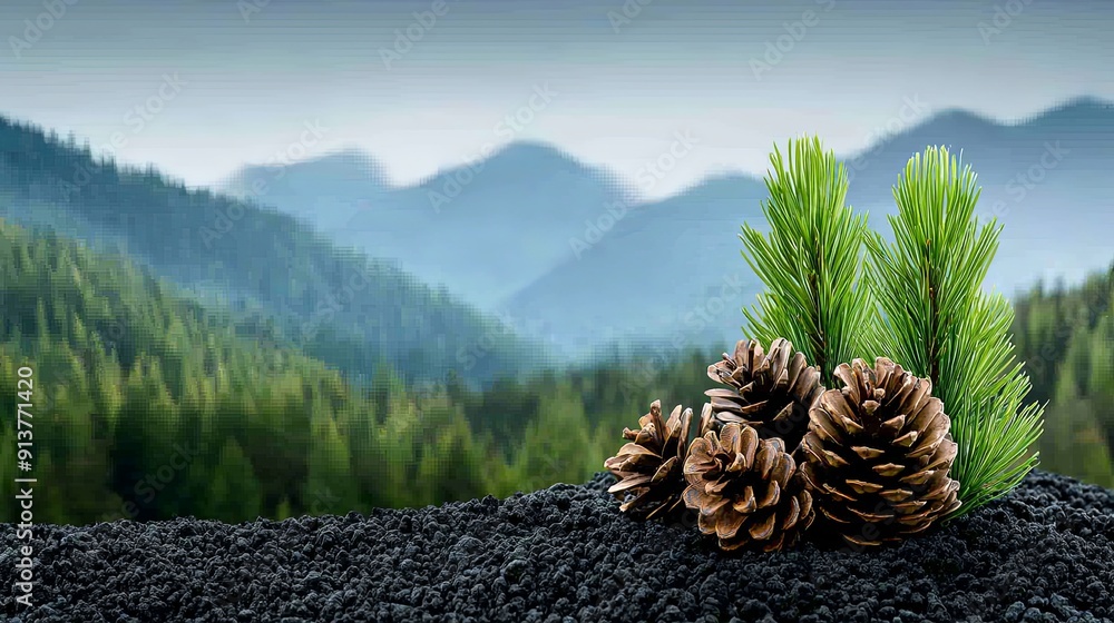 Poster sunlit remote landscape with pine cones and varied topography, providing a dramatic natural setting 