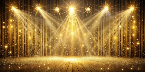 Stage opening with golden glitter, spotlights, luxury light streaks, and particles for a glamorous ceremony background, stage