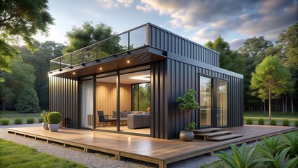 Obraz premium Modern shipping container house with sleek minimalist design and clever container reuse