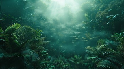 Obraz premium A forest teeming with numerous green plants and ample sunlight filtering through canopy above