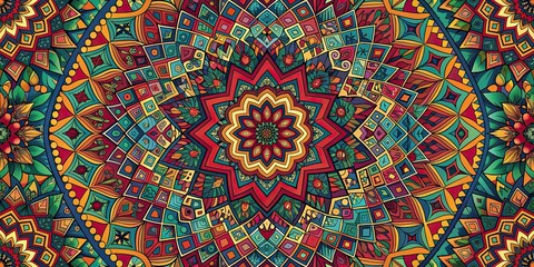 Intricate geometric design with vibrant colors, Geometric, Pattern, Abstract, Shapes, Symmetry, Texture, Background