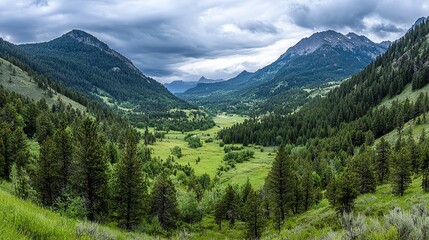 Obraz premium Remote forested valley with scattered pine cones and diverse topography, offering a serene and untouched landscape with plenty of copy space for various uses