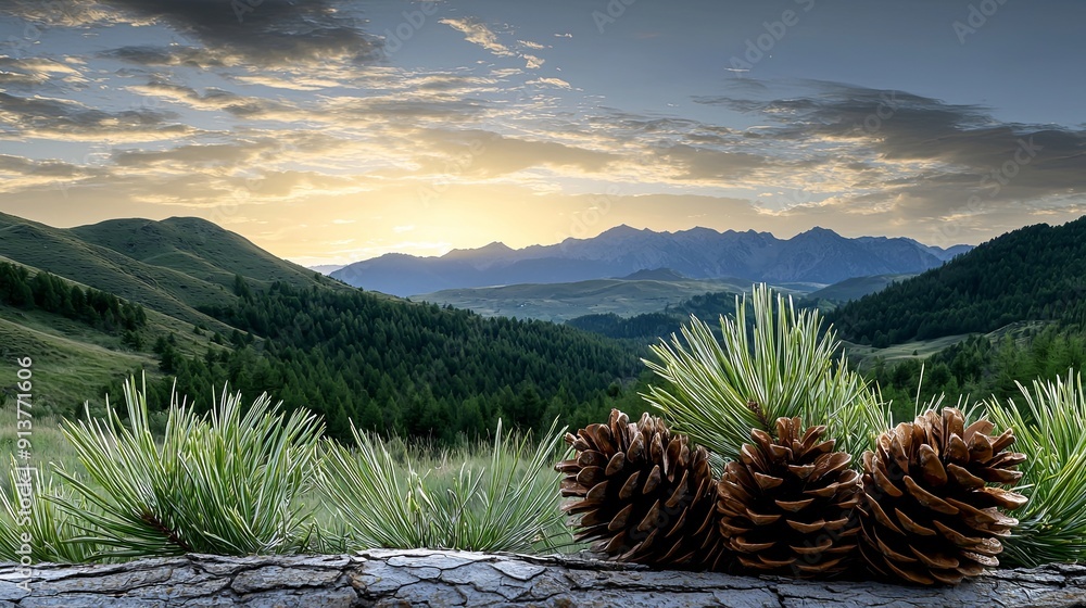 Poster sunlit remote landscape with pine cones and diverse topography, creating a dramatic natural setting 