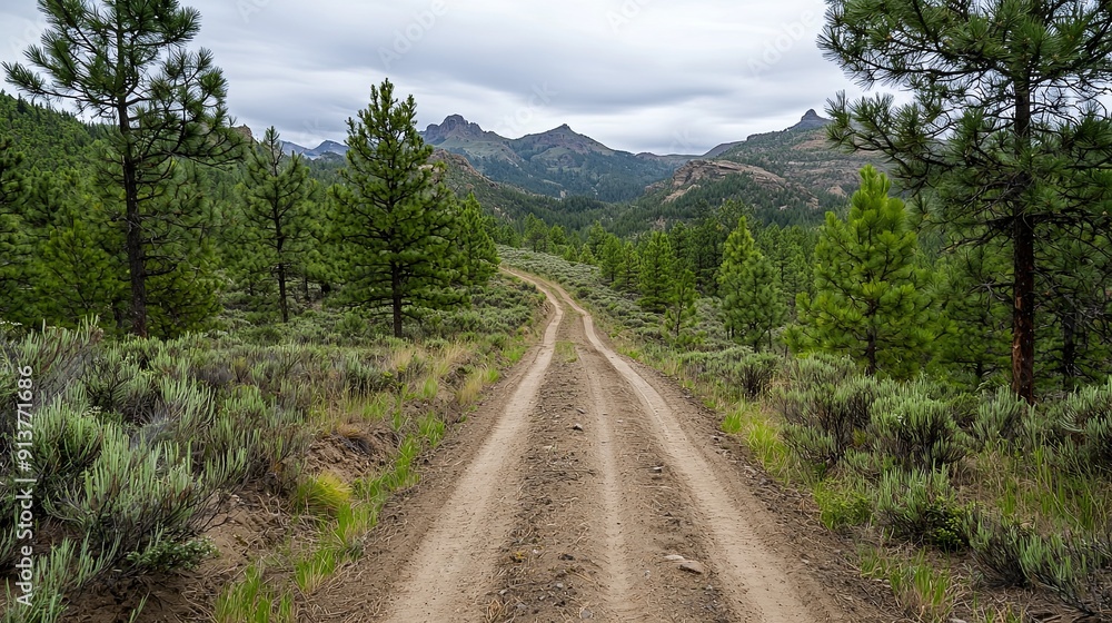 Poster path through a remote landscape with pine cones and rugged topography, providing a serene and natura