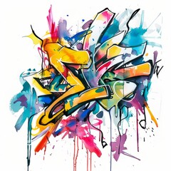 Naklejka premium Watercolor painting of a graffiti mural with bold strokes, on isolated white background