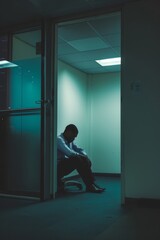 Fototapeta premium Lonely Employee in Dim Office Corner Representing Stress and Isolation in Toxic Work Environment
