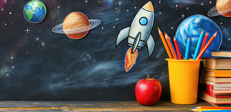 Space-Themed Classroom Decorations with Supplies and Books