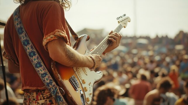 Retro Hippie Guitarist Playing at Festival with Blurred Crowd Background - Powered by Adobe