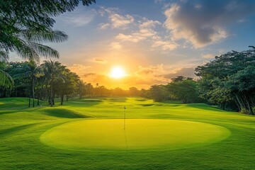 Obraz premium Golf teeing ground in golf course with sunrise background with generative ai
