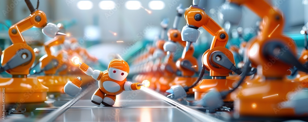 Poster robot on assembly line.