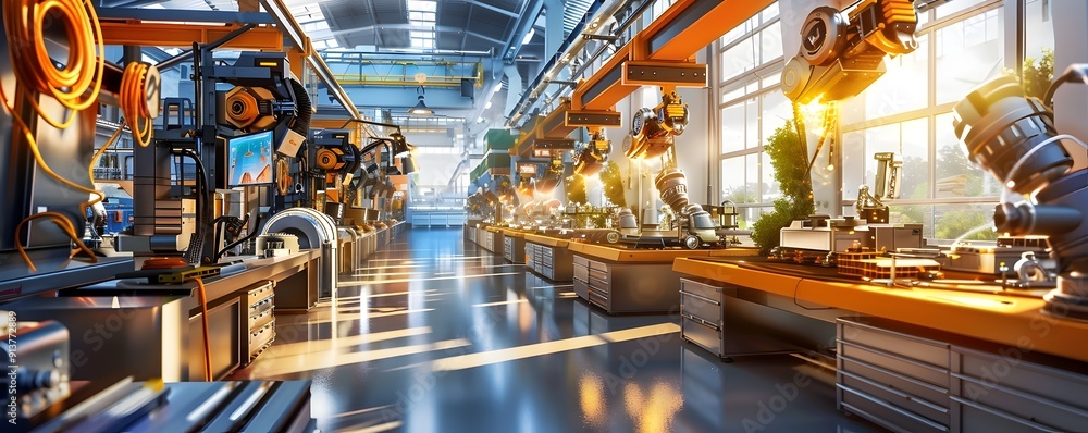 Aufkleber modern factory with industrial robots and automation.