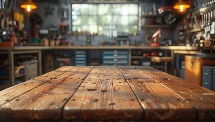 Sunlit Wooden Workbench in Garage Workshop. Sunlit wooden workbench in a garage workshop, surrounded by various tools and equipment for DIY projects and repairs.