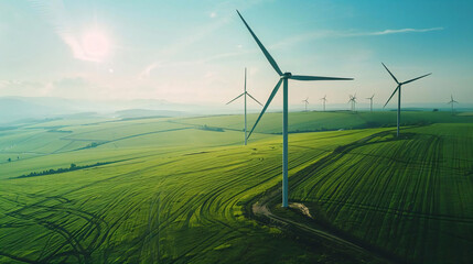 Wind Turbines in Green Fields.
