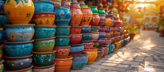 Fototapeta premium Colorful Pottery Display in a Moroccan Market
