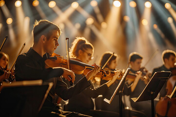 Fototapeta premium Concert of a symphony orchestra in the bright rays of spotlights. Generated by artificial intelligence