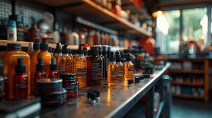 Car Care Products on Workshop Shelf. Various car care products are neatly arranged on a workshop shelf, showcasing different types of cleaning and maintenance supplies.