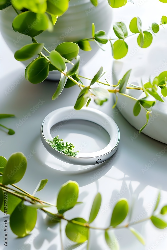 Poster Green Leaves and White Ring on a White Background.