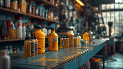 Automotive Cleaning Supplies in Workshop. Collection of automotive cleaning supplies on a workbench in a workshop, ready for use in car care and maintenance.