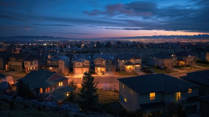 Obraz premium Suburban houses in a residential neighborhood glow with warm light at dusk under a twilight sky.