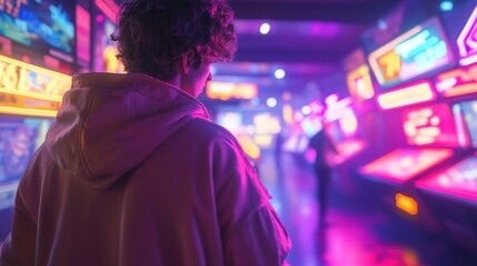 Obraz premium Retro Futurism: Stylish Man in 1980s Synthwave Fashion Posing in Front of Blurred Neon-Lit Arcade