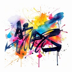 Watercolor painting of a graffiti tag with a creative flair, on isolated white background