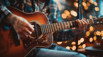Naklejka premium A man plays an acoustic guitar in front of a microphone and a Christmas tree adorned with lights