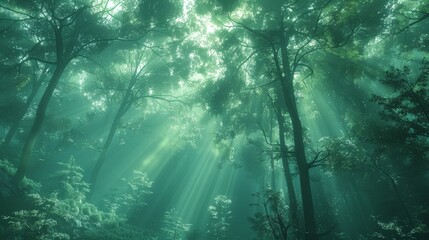 Obraz premium A forest teeming with numerous trees and abundant sunlight filtering through their leafy branches