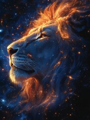 A majestic lion surrounded by celestial elements and constellations, combining themes of astrology and mythology.