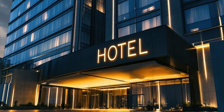 Hotel exterior with an illuminated sign HOTEL on the building facade at night. Modern luxury hotel building skyscraper design, architectural concept for a travel and business landmark.