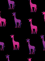 Pattern of decorative giraffes on black background.