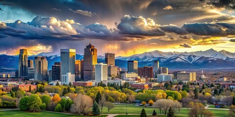 Obraz premium Denver Colorado skyline with buildings and mountains in the background under a cloudy sky, Denver, Colorado