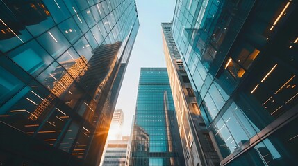 Low angle photo of a skyscraper with glass and the glow of the morning sun