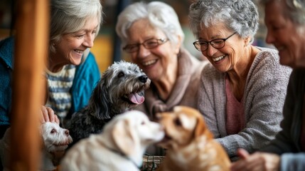A group of joyful seniors participates in a volunteer activity at an animal shelter, happily interacting with several playful dogs