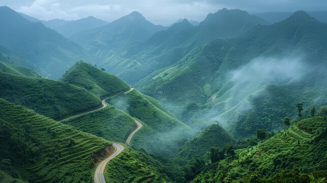  A winding road lies nestled in a verdant valley, encompassed by towering mountains and swathed in foggy air