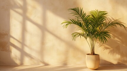 Fototapeta premium A single potted plant stands in a bright room, casting long shadows on a beige surface as sunlight streams in, creating a serene summer atmosphere