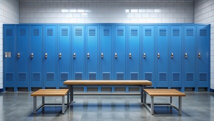 Blue metal locker cabinets with padlocks and benches in a locker room  , metal, lockers, cabinets, blue, padlocks
