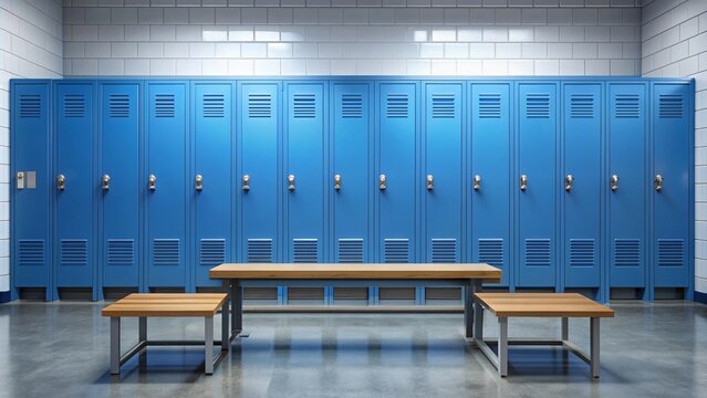 Blue metal locker cabinets with padlocks and benches in a locker room  , metal, lockers, cabinets, blue, padlocks