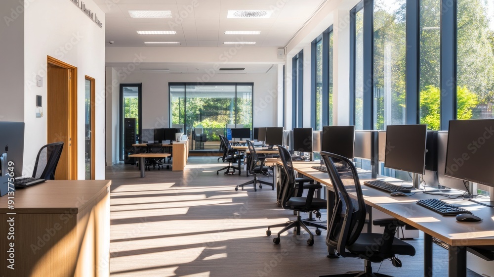 Poster a spacious open-plan office filled with natural sunlight features desks with computers, creating an 