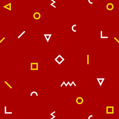 9 Seamless white and black geometric pattern in maroon backround. Hipster Memphis style. Hipster memphis pattern with geometric shapes
