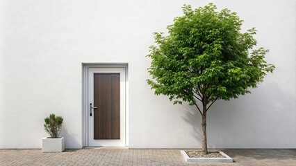 Fototapeta premium A tree planted next to the entrance of a white-walled house, tree, entrance, white wall, house, exterior, architecture