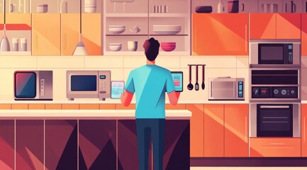 A man using a tablet in a modern kitchen, surrounded by appliances and utensils on shelves. Stylized graphic art on a light background. Concept of smart home technology