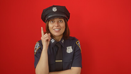 Woman police officer gesturing an idea against a red background