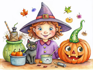 Fototapeta premium Whimsical Halloween coloring page features a smiling witch and her feline companion surrounded by trick-or-treat essentials, perfect for kids' creative fun and learning.