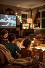Family Movie Night in a Cozy Living Room with Unpacked Moving Boxes and Warm Lighting
