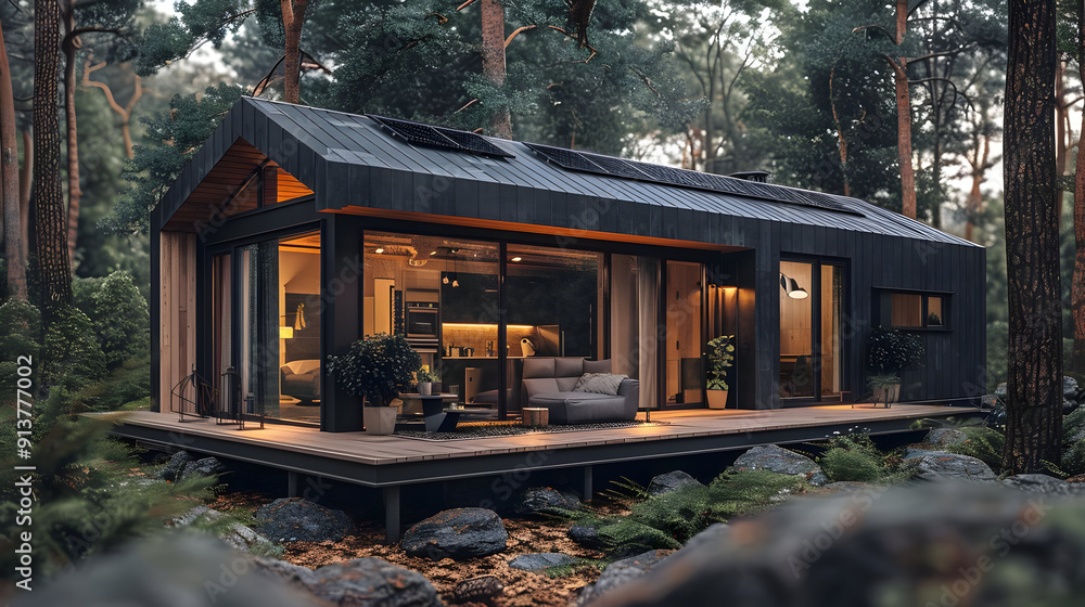 Poster Modern Black Cabin in Forest - 3D Illustration